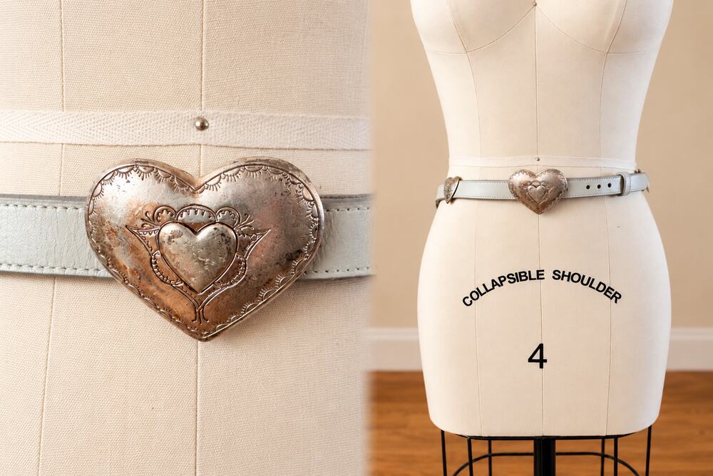 Vintage Justin Grey Leather Heart Concho Belt Size 32 Western Cowhide USA
